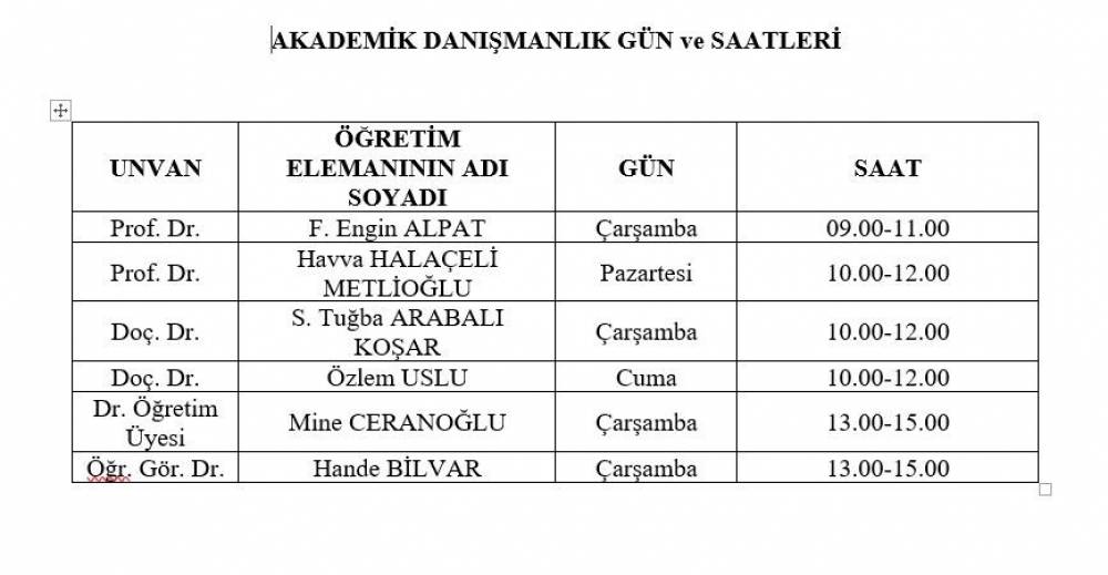 Akademik Danışmanlık Gün ve Saati